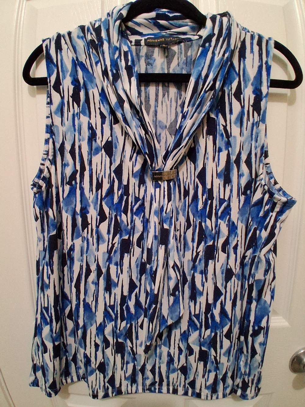 Adrienne Vittadini Blue and White Abstract Cowl Neck Sleeveless Top
